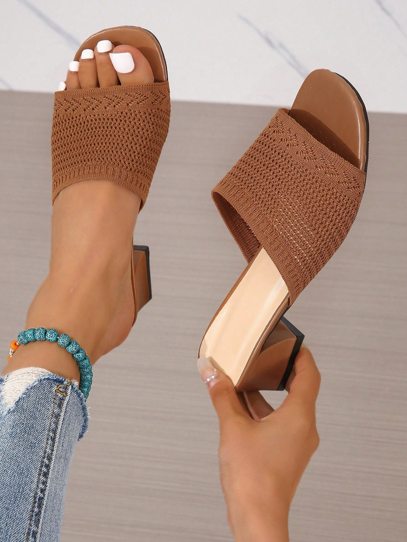 Women Ribbed Chunky Heeled Sandals, Elegant Brown Fabric Mule Sandals | SHEIN