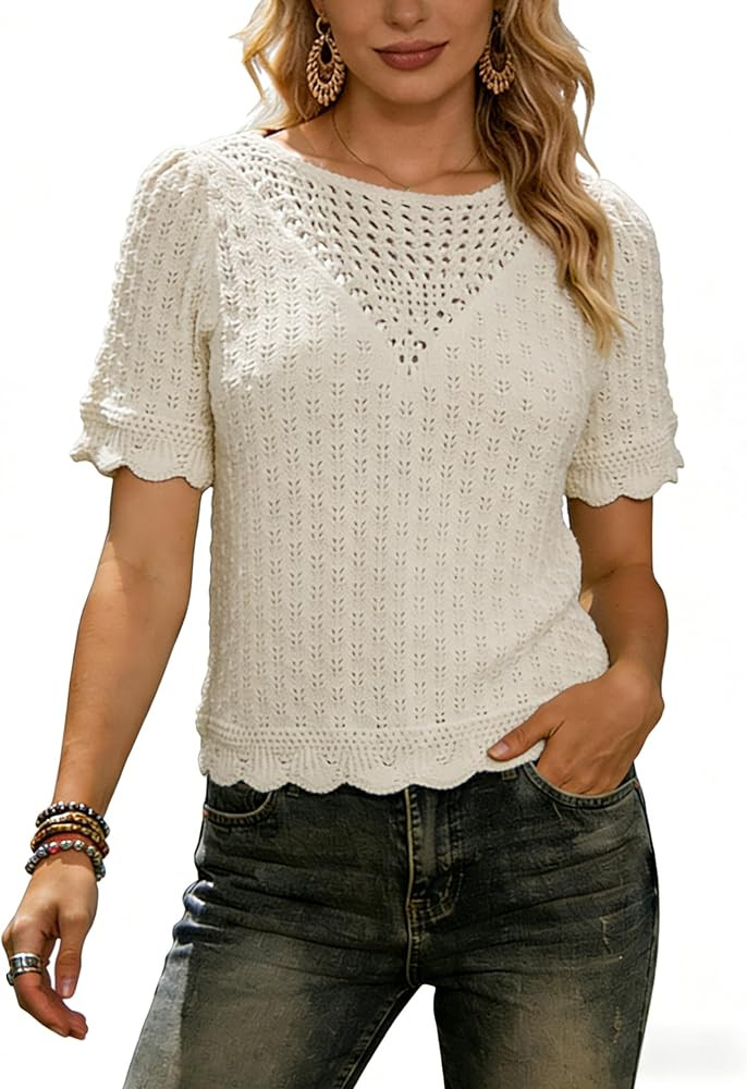 Women's Crochet Hollow Out Knit Tops Lightweight Cotton Short Sleeve Casual Pullover Sweaters | Amazon (US)
