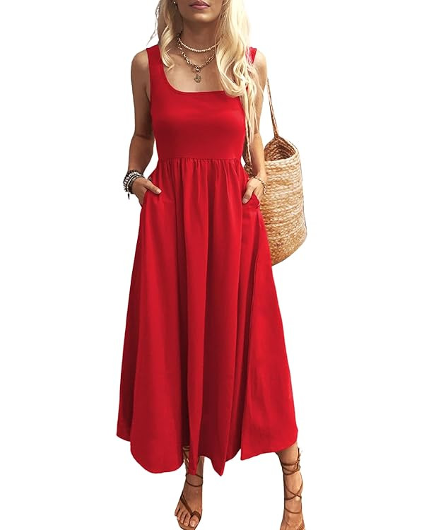 Mieazom Women's Maxi Dress Summer Sleeveless Swing Sundress Casual Loose Tank Long Dresses with P... | Amazon (US)