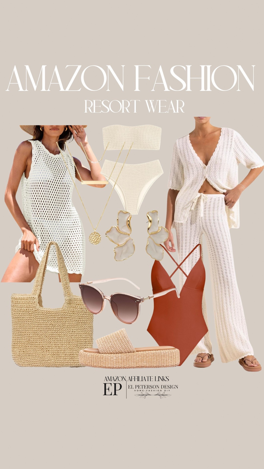 Amazon Resort Wear 
Beach inspo
Swim cover up
Bathing suit
Sunglasses
Straw purse
Sandals
Earrings 
Necklace 