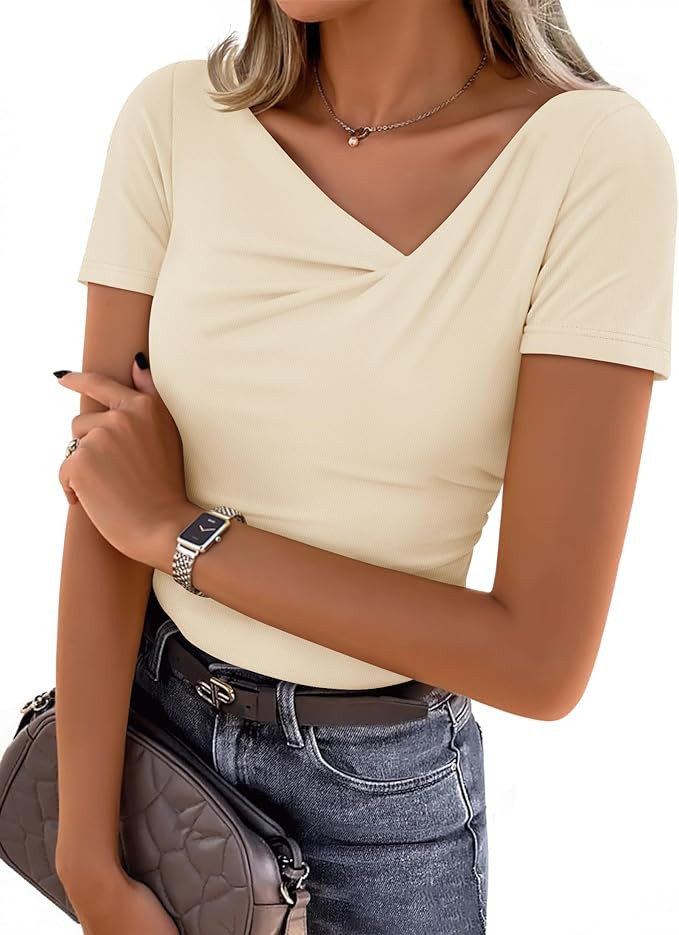 ZESICA Womens Summer Asymmetrical T Shirts Ruched Fitted Short Sleeve Y2K Going Out Tops 2026 Spr... | Amazon (US)