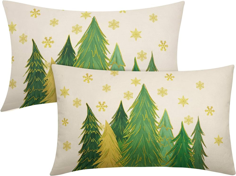 Green Christmas Lumbar Pillow Covers 12x20 Inch Set of 2 Santa Tree Gold Snowflake Xmas Rectangul... | Amazon (US)