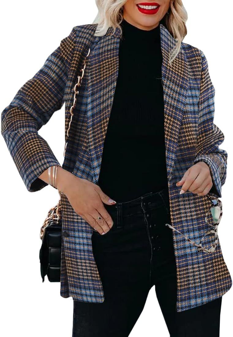Taodou Women's Casual Blazers Woolen Plaid Blazer Lapel Long Sleeve Button Pocket Jackets Coat | Amazon (US)