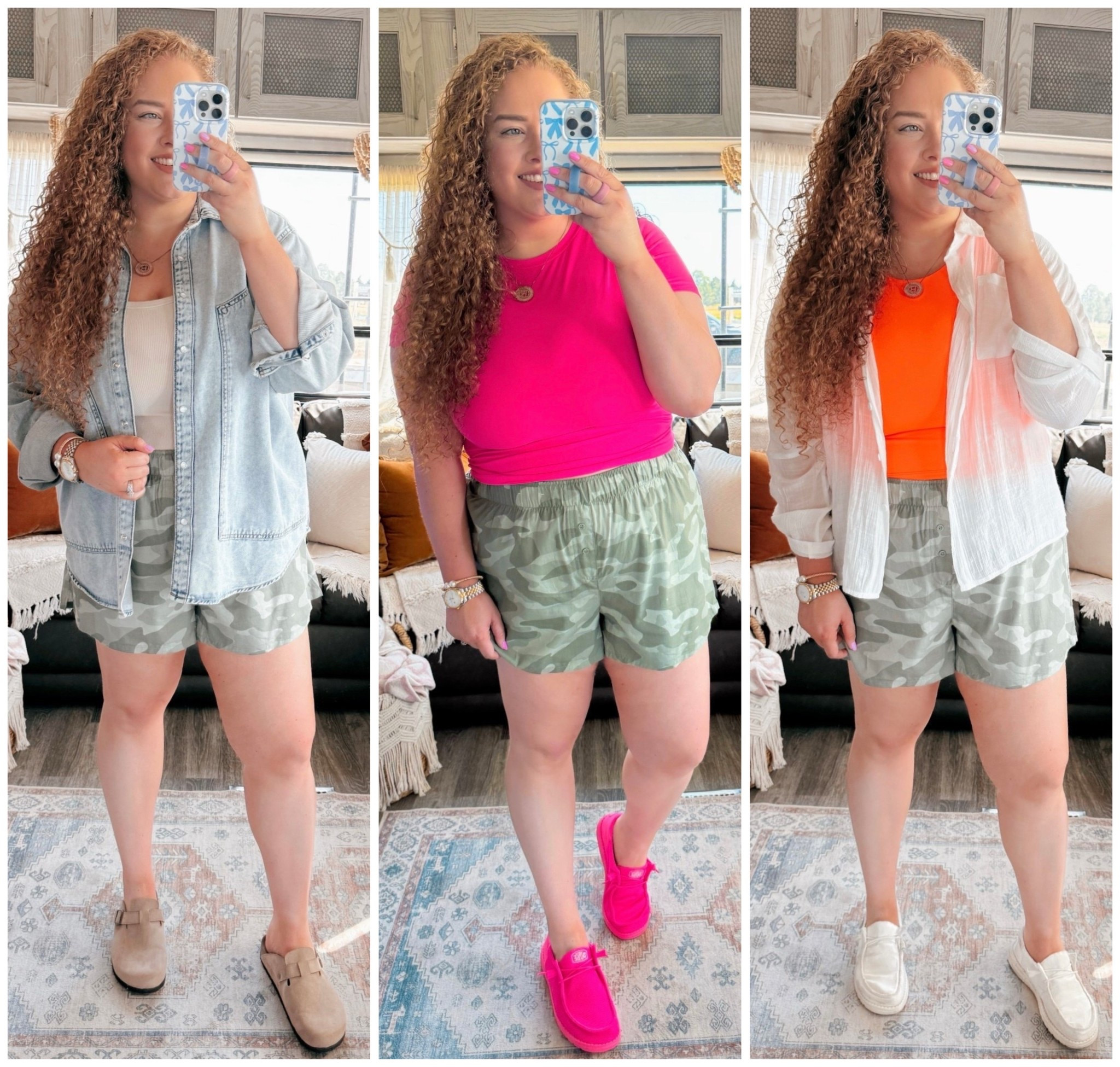 👖 Camo but make it chic 🖤 Styling these Target boxer shorts 3 different ways to prove they’re a fall must have! 👏Comfy, cute, and surprisingly easy to dress up or down.👀 amazon tank top | amazon white tank top | target boxer shorts | boxer shorts outfit | boxer shorts style | target camouflage boxer shorts | camouflage boxer shorts | clogs | women’s clogs | fall clogs | travel outfit | amazon travel outfit | amazon fashion | amazon finds | amazon look | amazon outfit | fall transition outfit | fall look | fall fashion | fall finds | fall outfit inspo | fall  fashion inspo | fall 2025 | fall outfit  | casual outfit  | casual outfit inspo | Amazon basics | lounge ready | relaxed vibe | cozy feel | go to boxers | denim shacket | target denim shacket | pearl snap denim shacket | orange tank top | Amazon orange tank top | white button | 
Amazon white button down | white hey dudes | women’s hey dudes | pink fitted top | Amazon fitted top | hot pink hey dudes 

#LTKMidsize #LTKFindsUnder50 #LTKStyleTip