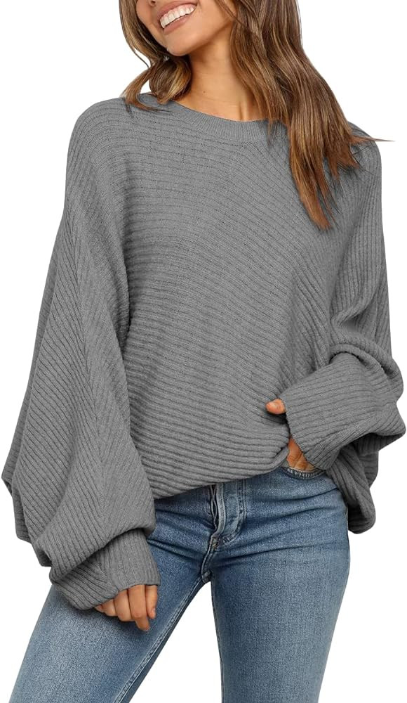 Mafulus Women's Oversized Crewneck Sweater Batwing Puff Long Sleeve Cable Slouchy Pullover Jumper... | Amazon (US)