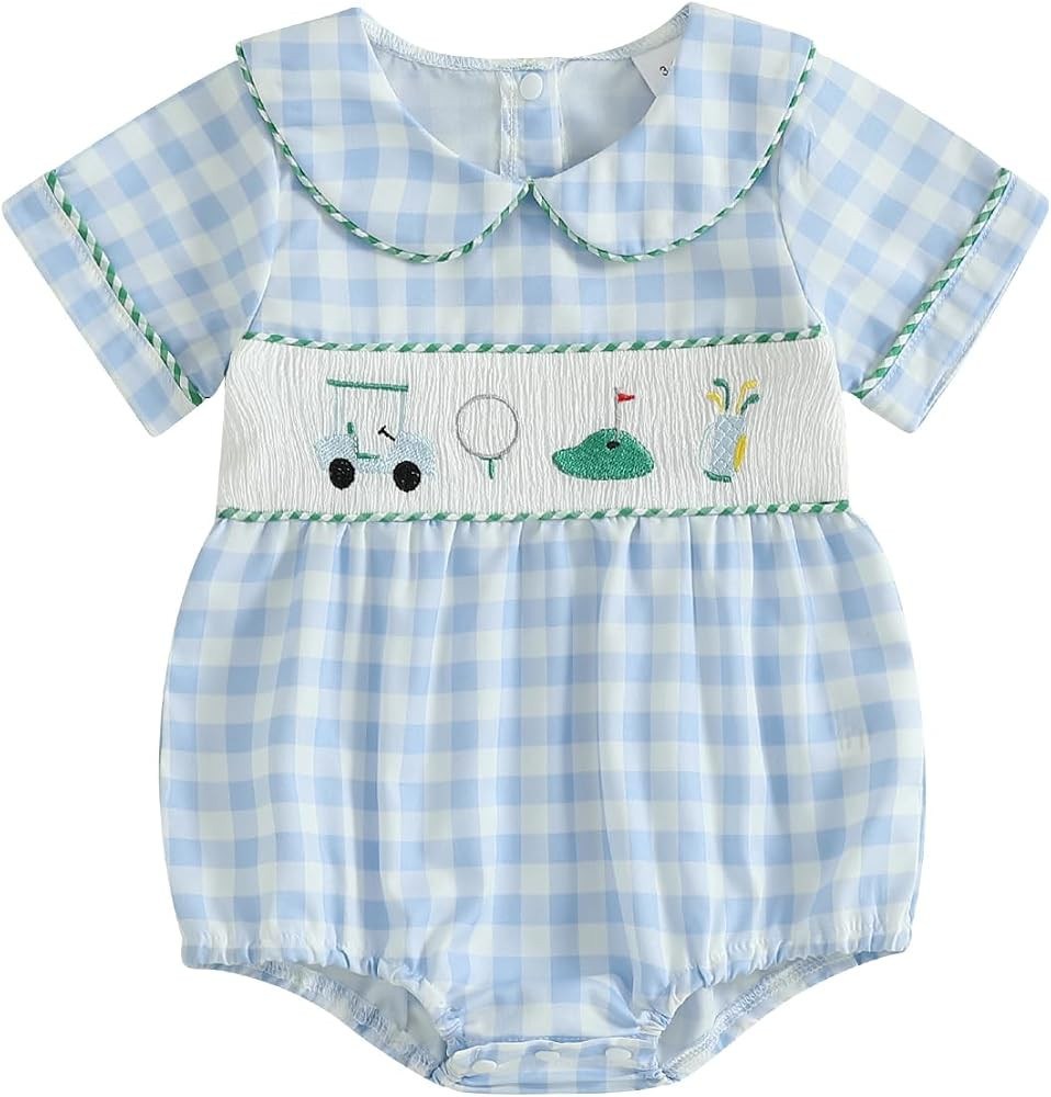 Newborn Baby Boy Girl Golf Outfit Plaid Print Short Sleeve Bubble Romper Smocked Bodysuit Cute Ba... | Amazon (US)