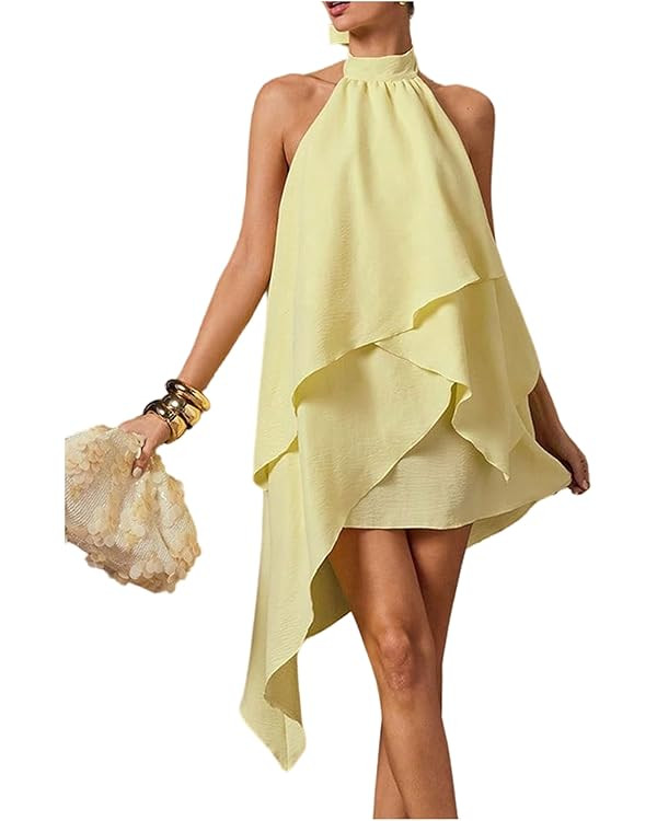 Women's Halter Summer Dresses Ruffle Tie Backless Sleeveless Wedding Guest Dress | Amazon (US)