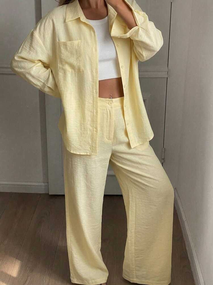 Livesso Vintage Style Summer Set, Solid Color Loose Long Sleeve Shirt And Wide Leg Pants, 2 Piece... | SHEIN