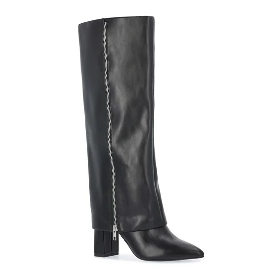 Scoop Women's Faux Leather Fold Over Zip Knee High Boots - Walmart.com | Walmart (US)