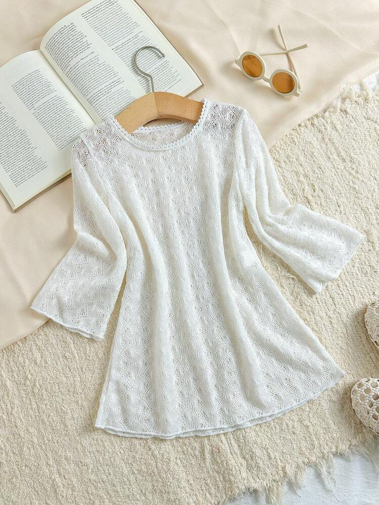 Girls Swimsuit Cover Up, White Hollow-Out Fabric, Long Sleeve, Casual Beach Vacation Top Blouse L... | SHEIN