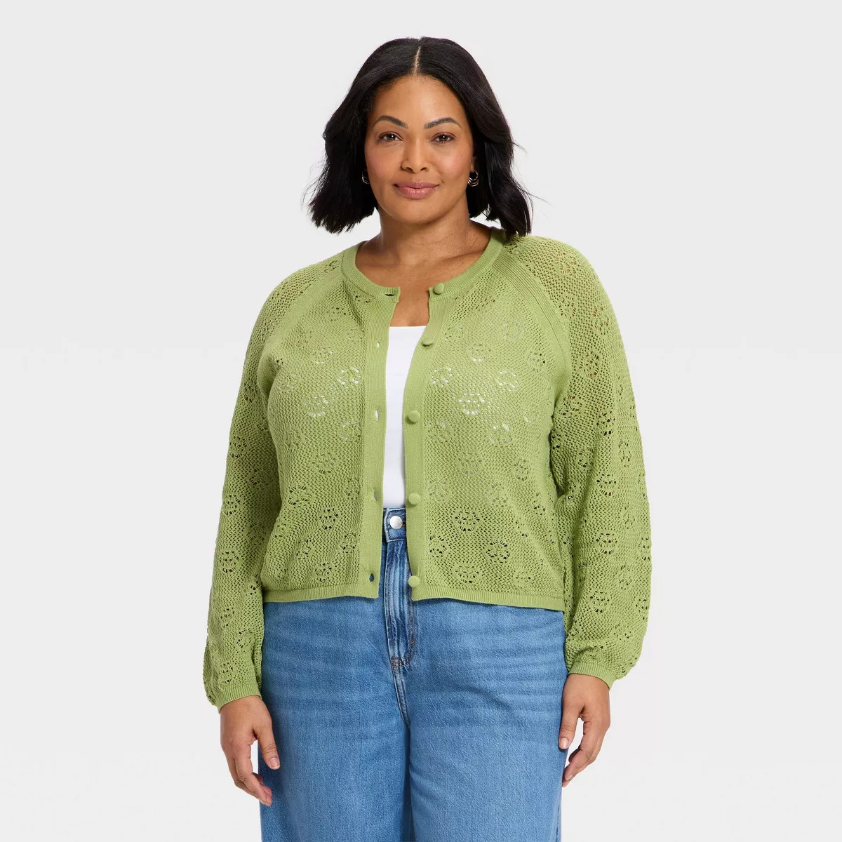 Women's Long Sleeve Openwork Cardigan - Universal Thread™ Olive Green XXL | Target