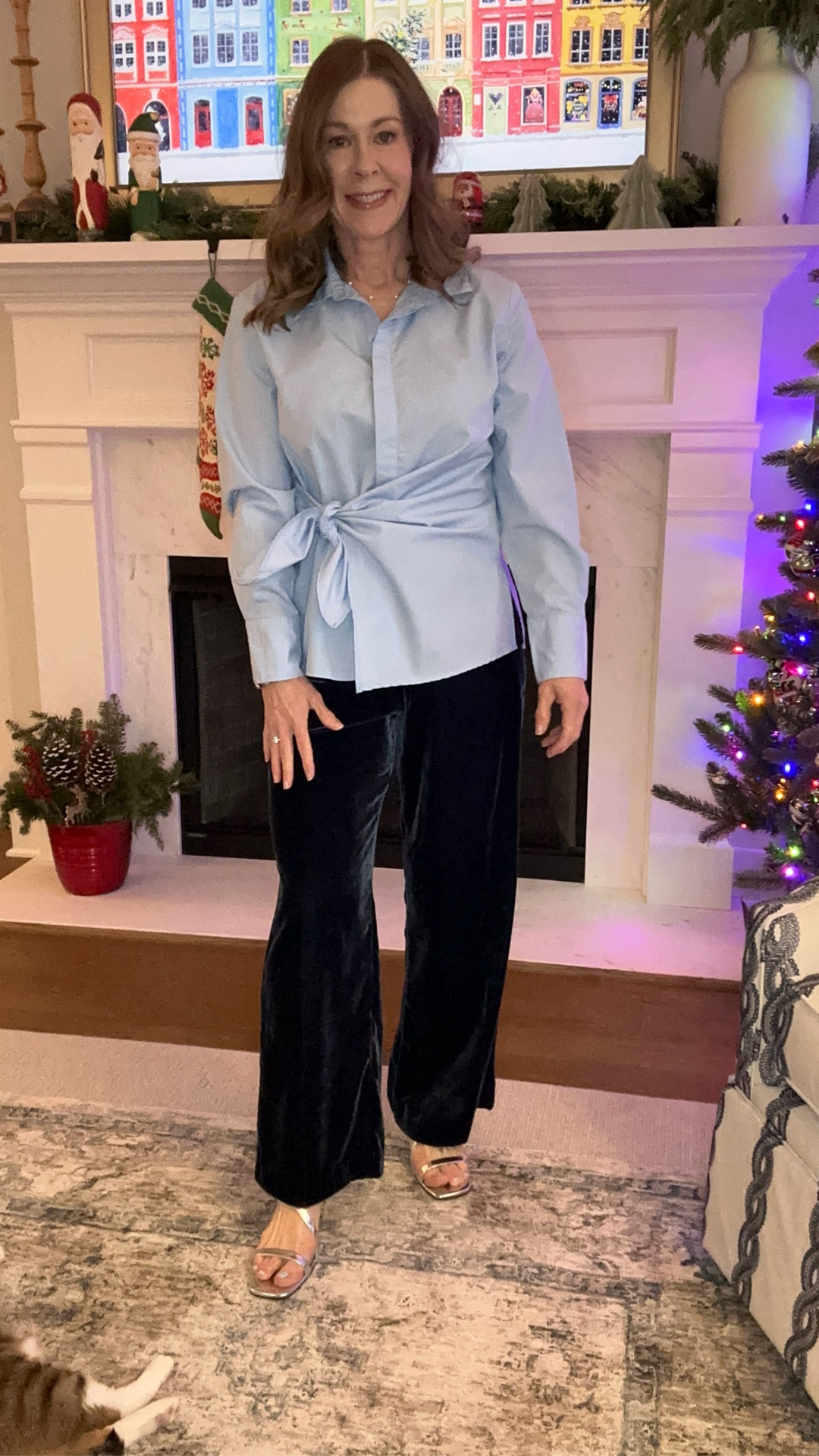 Holiday look that is not Red, Black or Green! This blue is oh so fancy! 
These blue velvet pants fit TTS! I’m in a 4 petite! 
The button down ties at the waist! Size small petite! 
The Silver heels pair perfectly! 
#christmasoutfit #holidayoutfit #velvetpants

#LTKHoliday #LTKPetite #LTKSaleAlert
