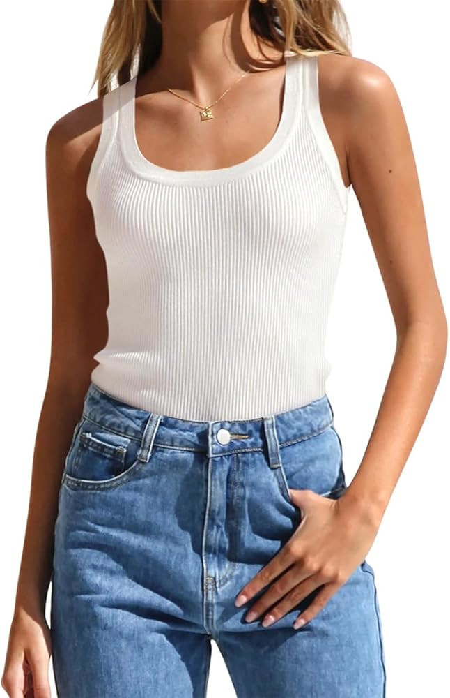 ZESICA Women's Sleeveless Tank Tops Summer Scoop Neck Ribbed Knit Slim Fitted Casual Basic Tee Sh... | Amazon (US)