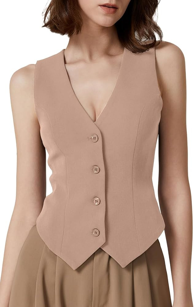 QINSEN Womens V Neck Vest Top Sleeveless Button Down Fully Lined Solid Going Out Crop Tops | Amazon (US)
