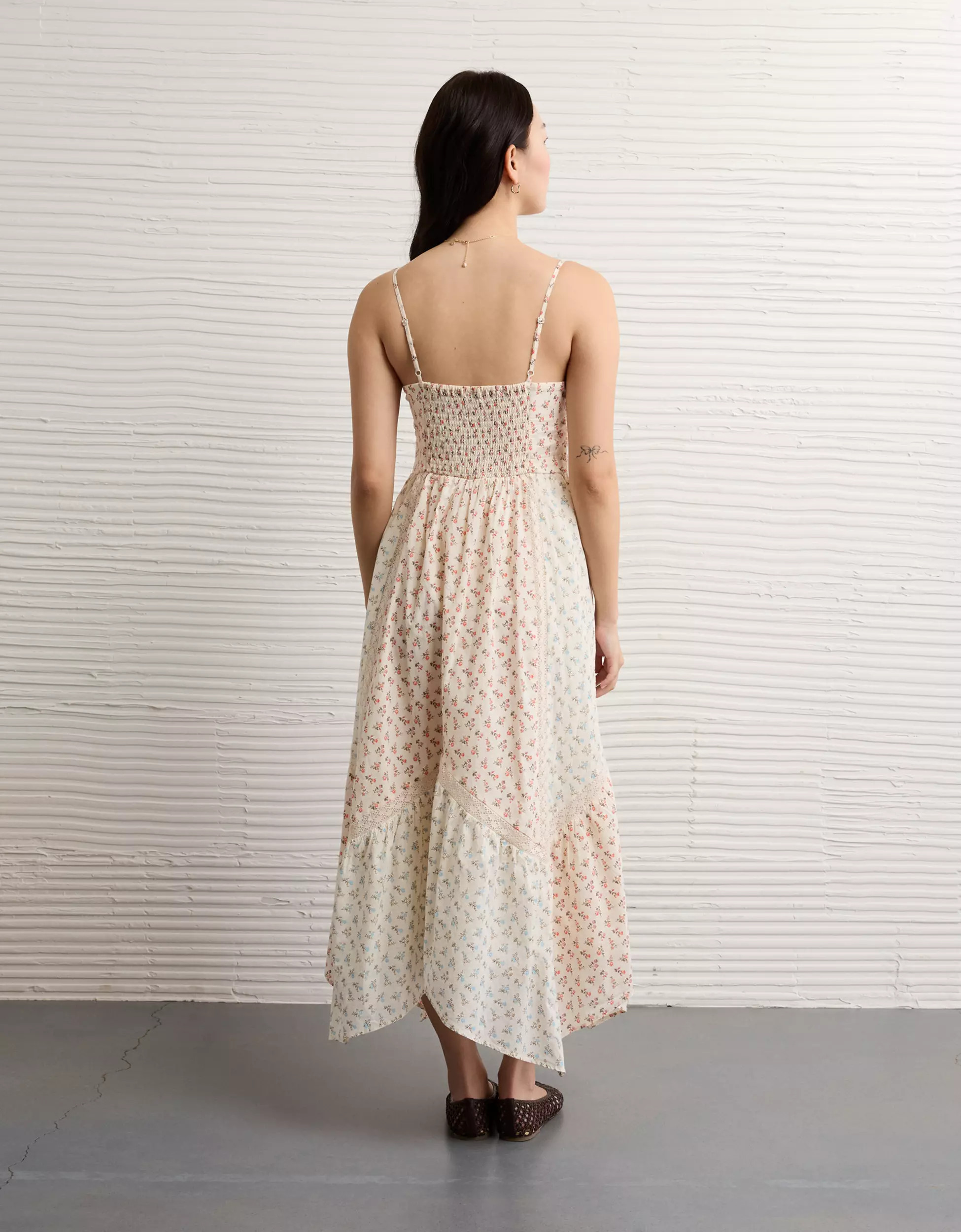 AE V-Neck Lace Inset Hanky Hem Midi Dress | American Eagle Outfitters (US & CA)