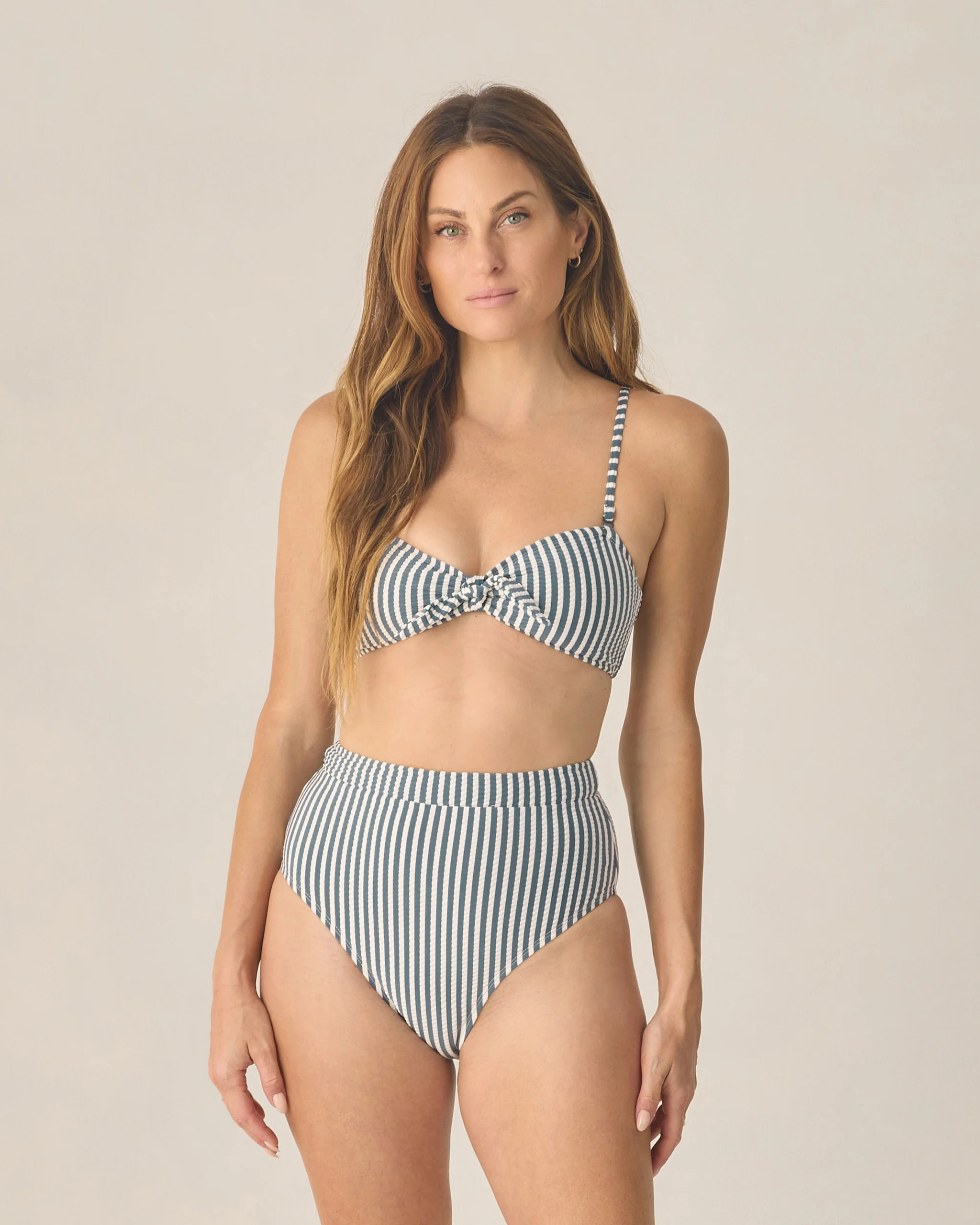 Women's High Waisted Bikini Bottom Navy Stripe | Rylee + Cru