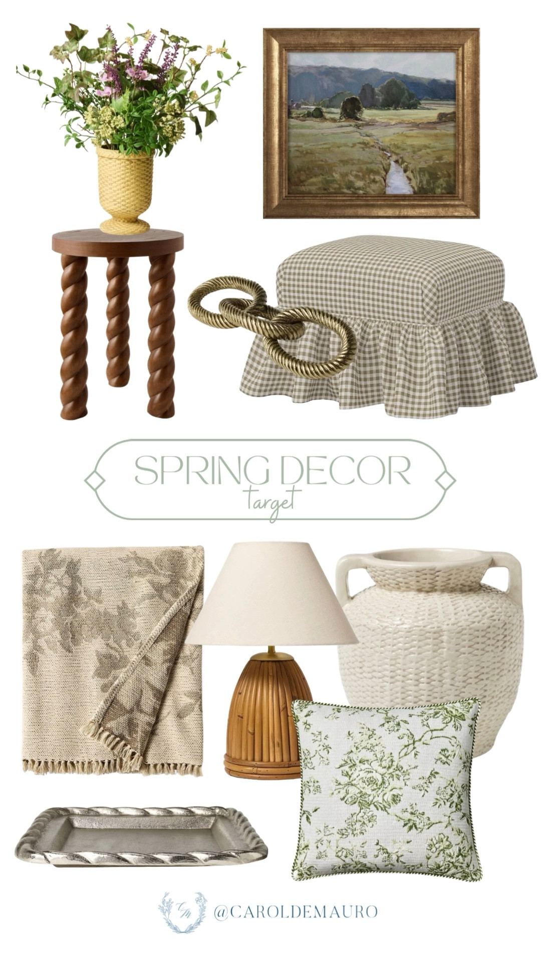 Swap out your heavy winter cozy for some serious spring vibes, look no further than these curated Target finds! Can't you just imagine settling in with that gorgeous landscape art, a cold drink on the twisty stool, and your feet kicked up on that perfect gingham ottoman?

spring decor, target finds, home styling, coastal grandmother, cottage core aesthetic, wall frames, neutral home, living room inspo

#LTKSeasonal #LTKHome #LTKU