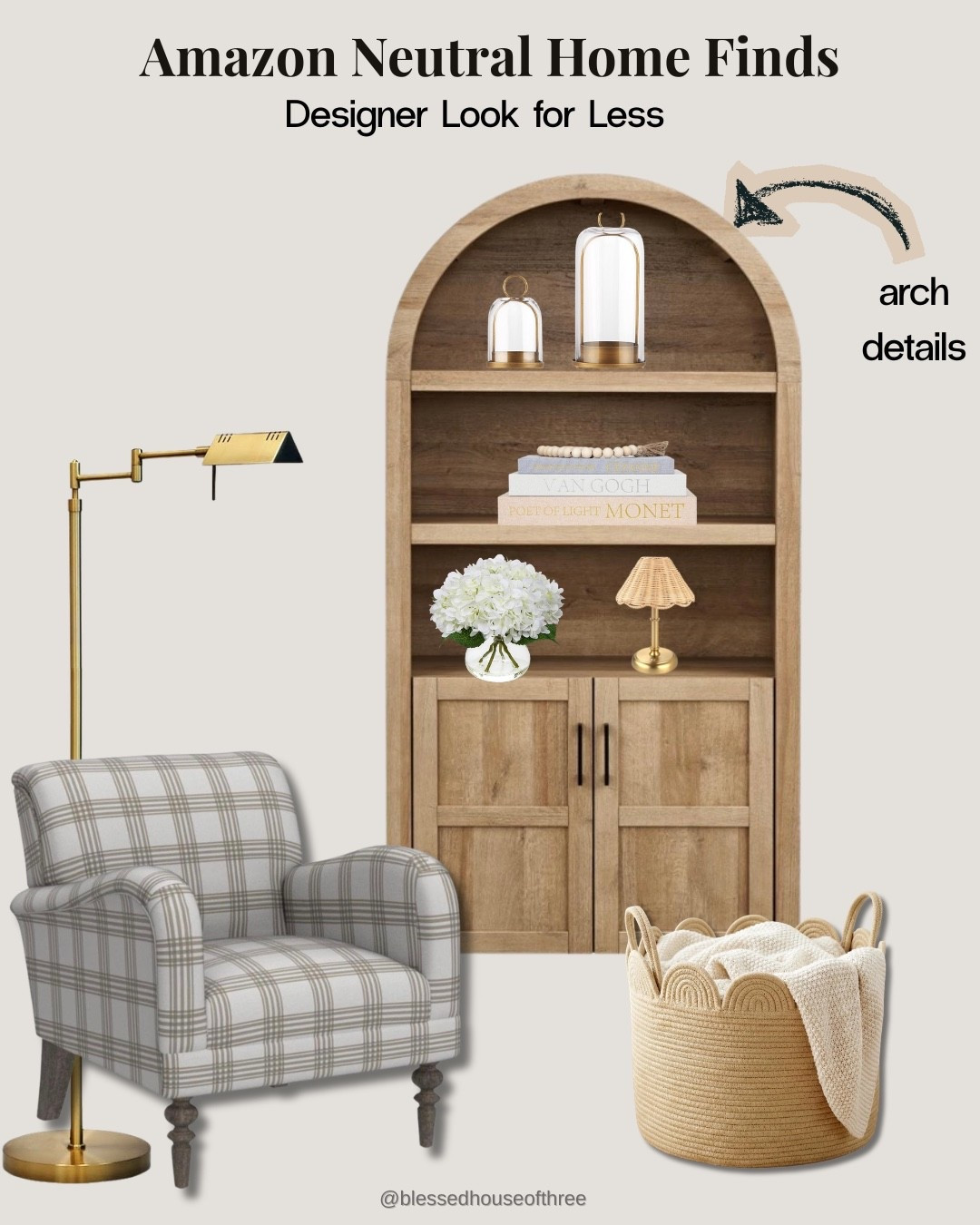 Amazon neutral home finds that make a space feel warm, elevated, and designer inspired 🤍

This arch cabinet, plaid accent chair, brass lighting, and woven textures create the perfect cozy spring refresh — and everything is budget friendly.

If you love warm wood tones, soft neutrals, and timeless decor, these pieces are such beautiful staples for everyday living.

#LTKSeasonal #LTKHome #LTKSaleAlert