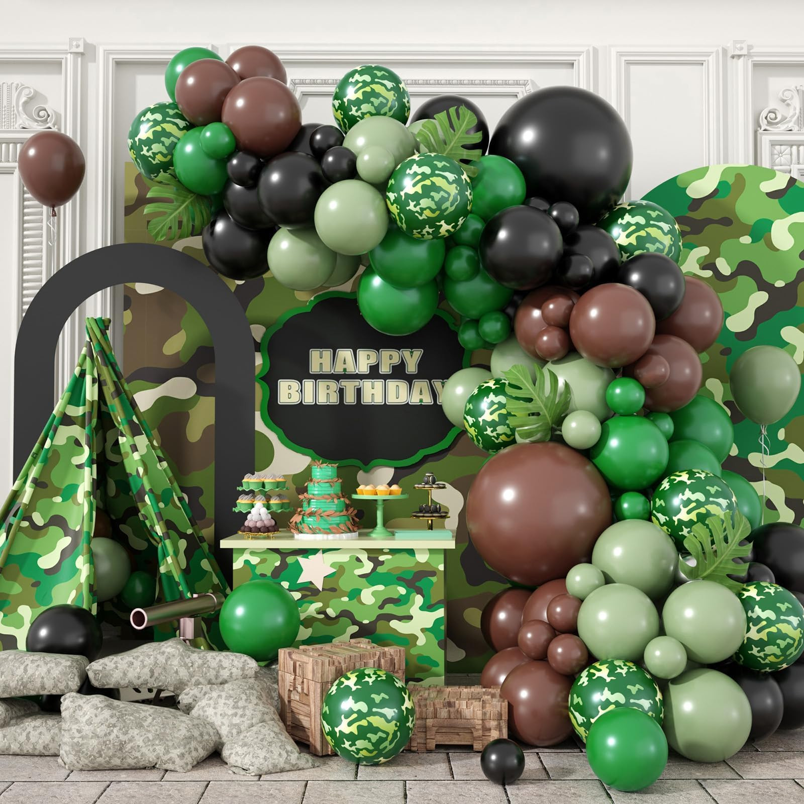 Camouflage Balloon Arch Kit,Camo Drak Green Avocado Green Black Balloons for Boys Kids Soldier Bi... | Amazon (US)