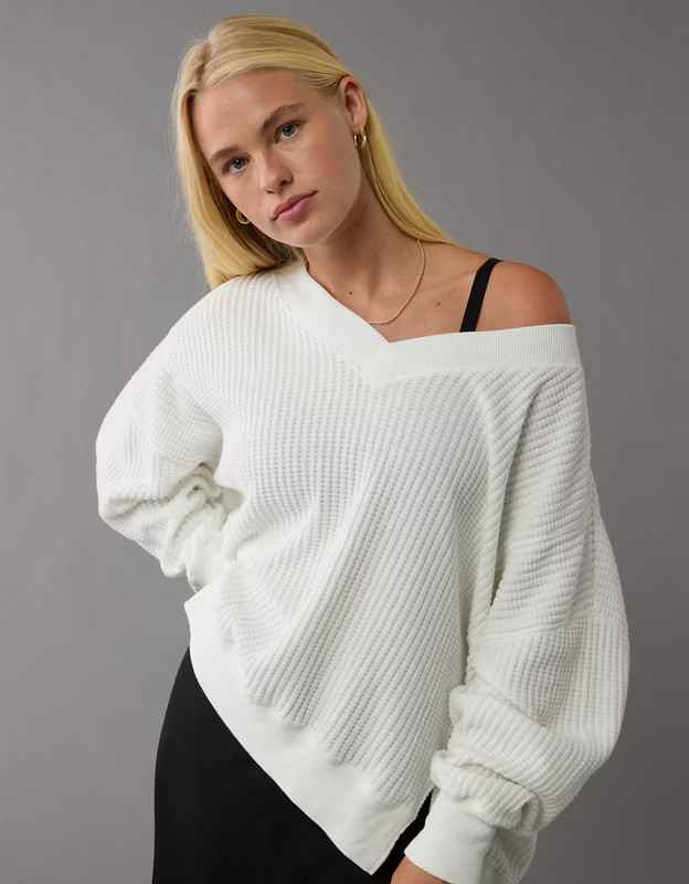 AE Big Hug V-Neck Waffle Sweatshirt | American Eagle Outfitters (US & CA)