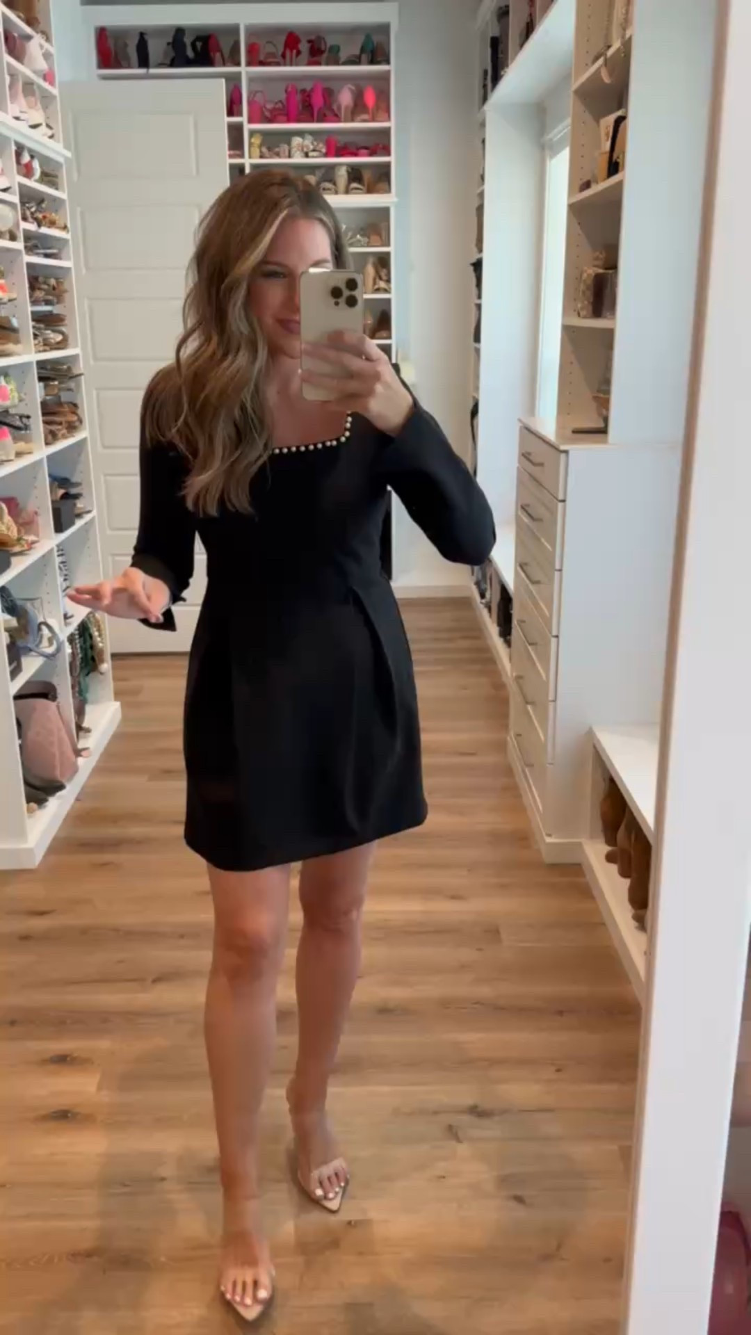 Fall wedding season is here. Chic Amazon dresses in rich fall colors that are perfect for weddings and every special occasion.  In a medium pearl detail long sleeve dress, clear heels and accessories- fits tts. shop dandy, date night outfit, wedding guest outfit, amazon, budget friendly, designer inspired

#LTKWedding #LTKStyleTip #LTKSeasonal