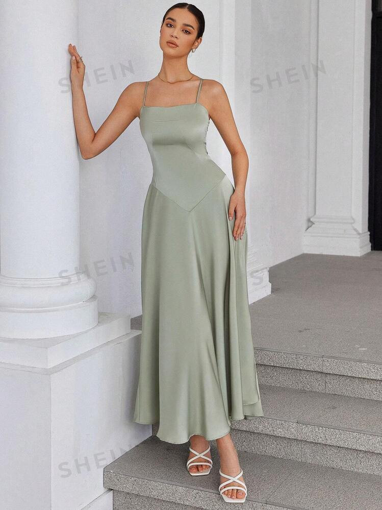 SHEIN Privé Elegant Retro Design Sexy Satin Spaghetti Strap Dress With Low Waist, Cinched Waist ... | SHEIN