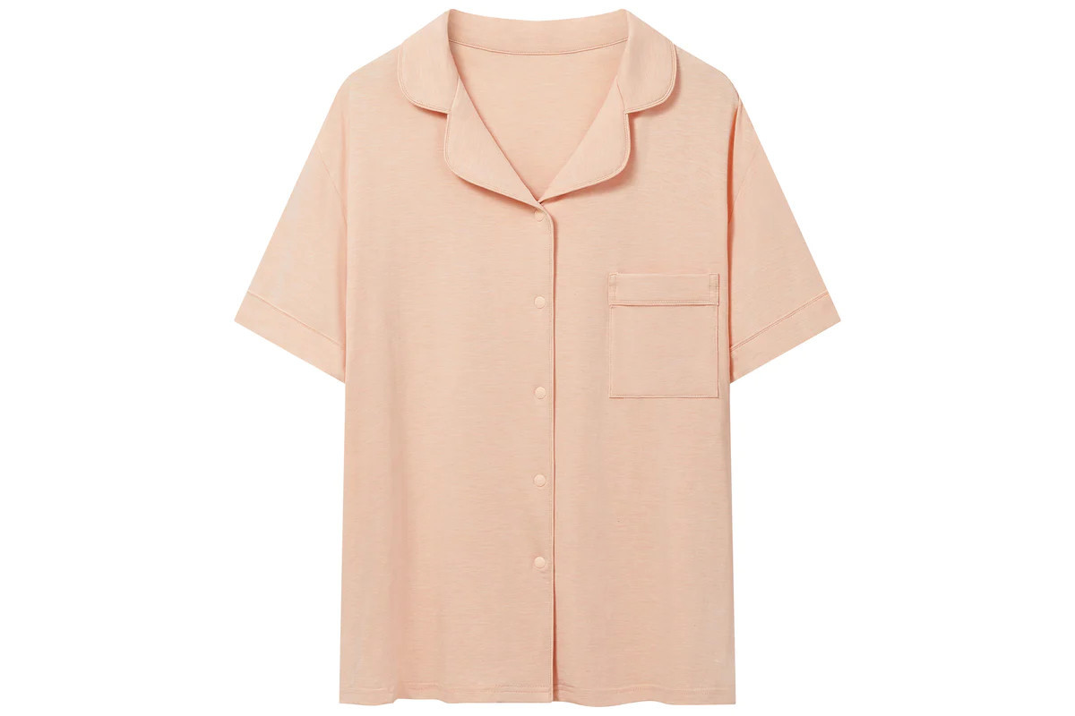 Women's Short Sleeve Button-Up Shirt (Bamboo Jersey) - Pantone Bellini | Nest Designs