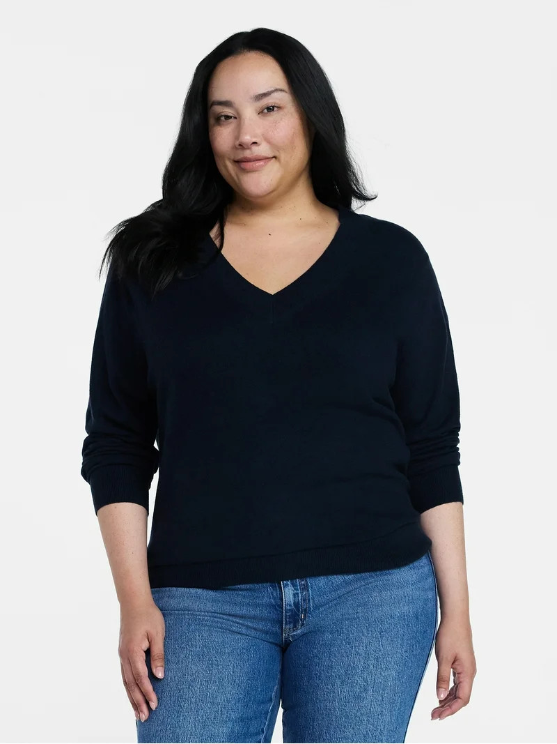 Time and Tru Women's V Neck Sweater, Lightweight, Sizes XS-XXXL - Walmart.com | Walmart (US)