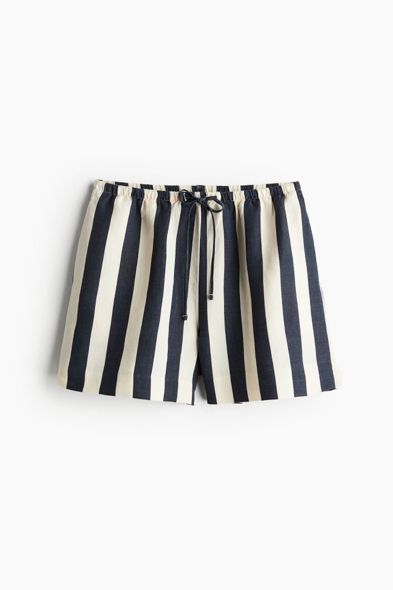Linen-blend Pull-on Shorts - Regular waist - Short - Natural white/blue striped - Ladies | H&M US | H&M (US + CA)