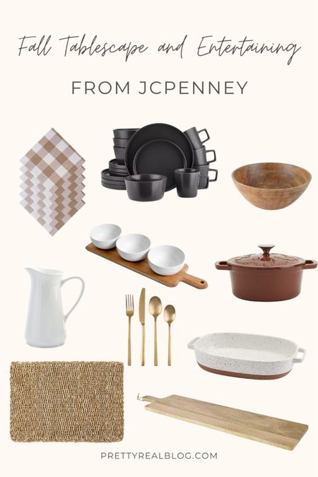 Beautiful home finds from JCPenney, Dutch oven, black dishes, classic white pitcher, seagrass placemat, gold flatware, Buffalo check napkins, windowpane napkins, appetizer serving dishes, pretty casserole dish, pretty serving dishes, pretty cookware 

#LTKHoliday #LTKhome #LTKSeasonal