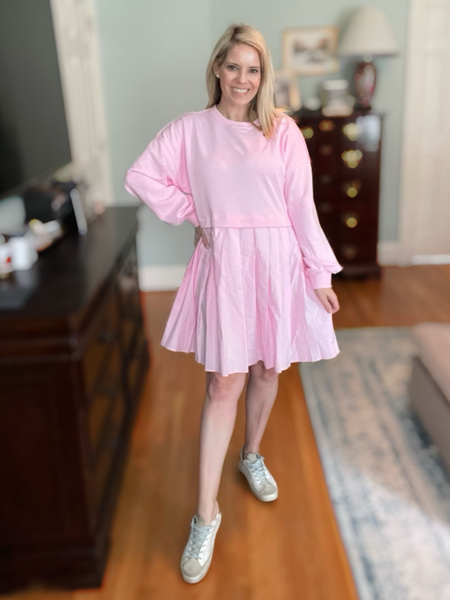 Pink pleated sweatshirt dress, stay at home mom outfit, SAHM dress, mom outfits, mom dresses, grandmillennial dresses, preppy dresses, tuckernuck style dress, cotton dress, swing dress, loose dress 

#LTKover40 #LTKfindsunder100 #LTKfindsunder50