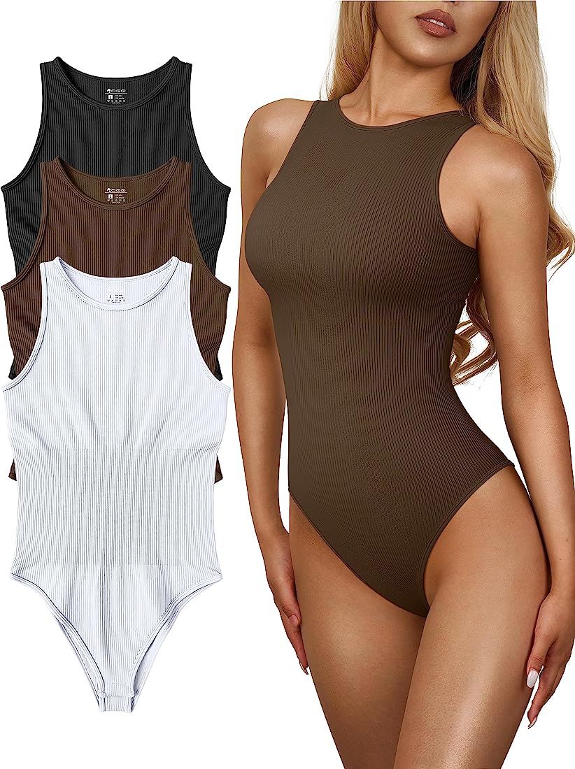 OQQ Women's 3 Piece Bodysuits Sexy Ribbed One Piece Sleeveless Halter Neck Bodysuits | Amazon (US)