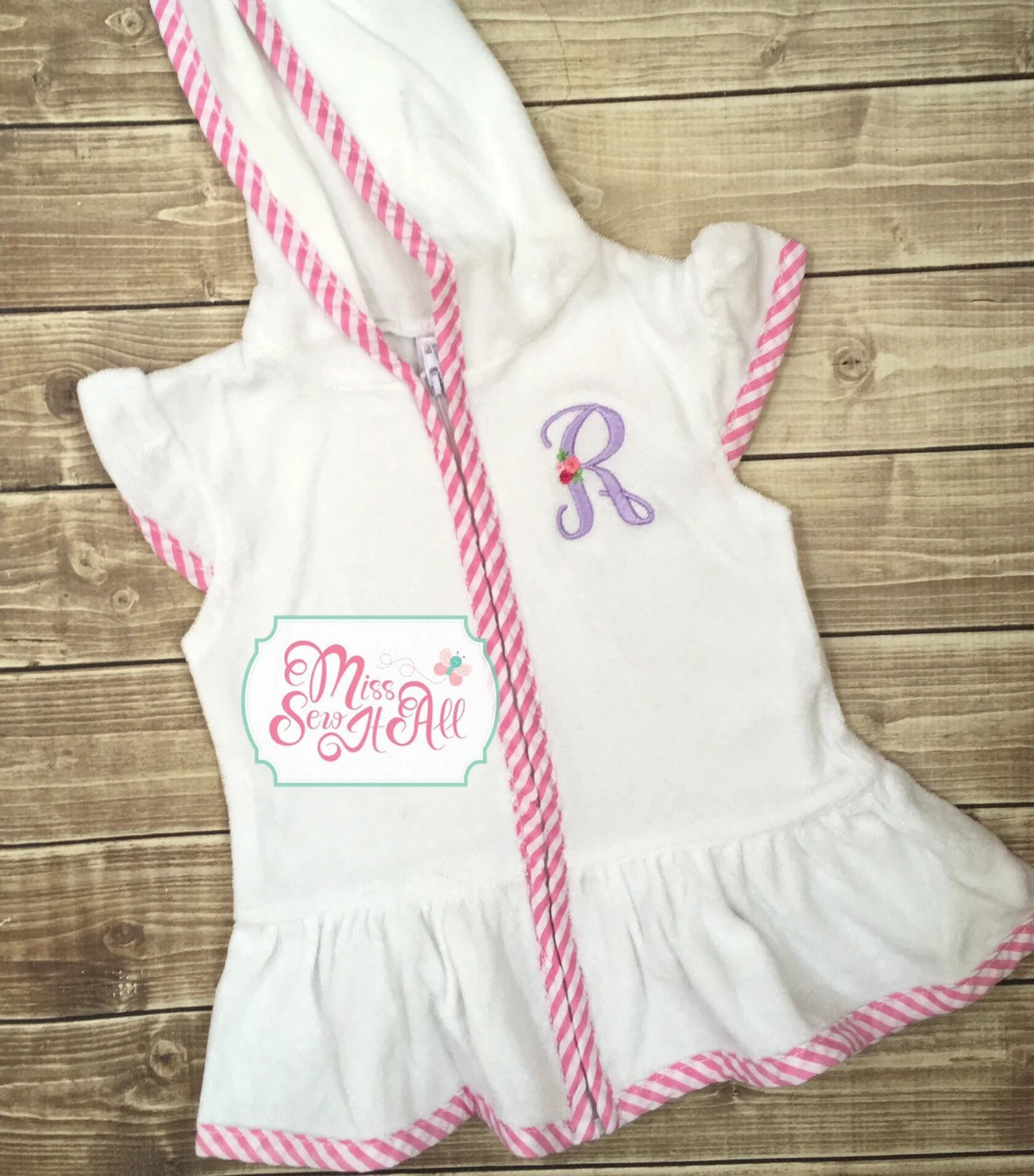 Girls White Swim Cover, Pink Seersucker Trim, Rosette Monogram | Etsy (Global)