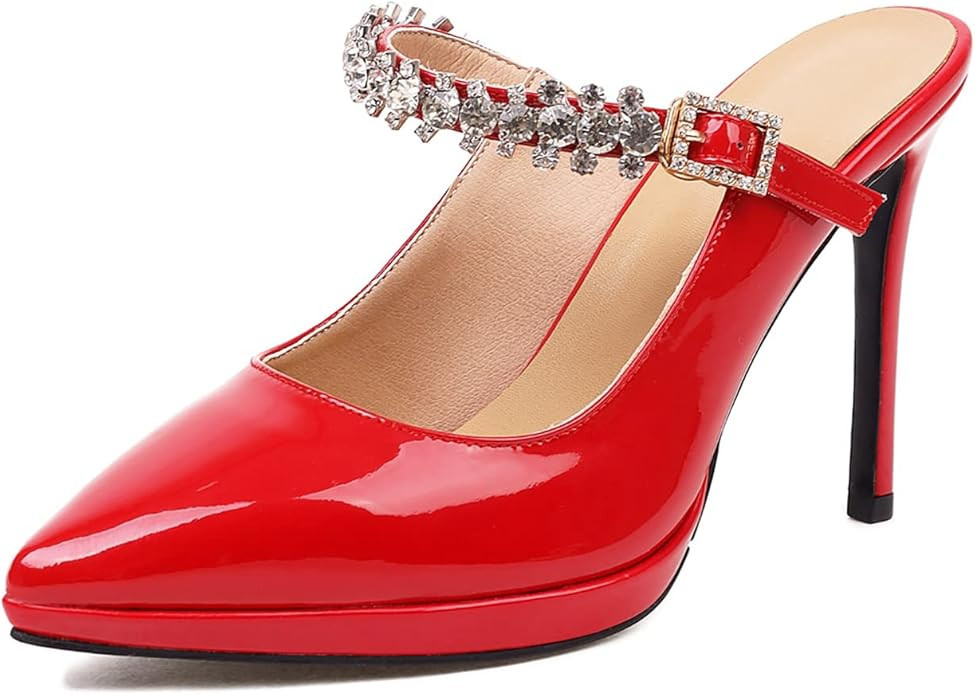 LEMUTISME Women's Fashion Patent Leather Closed Pointed Toe Rhinestones Strappy Slingback Stilett... | Amazon (US)