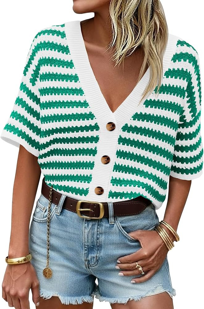 Saodimallsu Womens Short Sleeve Striped Cardigan Sweaters Crochet Knit Button Down Shirts V Neck ... | Amazon (US)