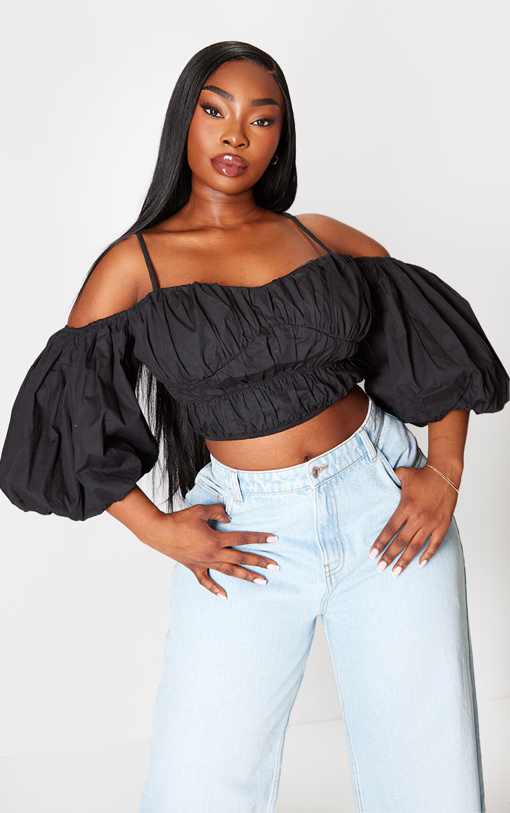 Plus Black Puff Sleeve Detail Corset Top | PrettyLittleThing US