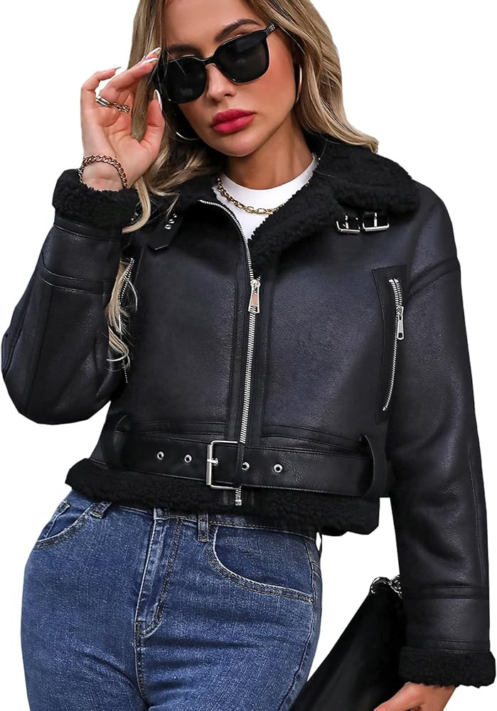 Winter Women Faux Lamb Fur Leather Jacket Warm Fur Lined Zipper Cropped Bomber Aviator Coat | Amazon (US)