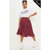 Petite Burgundy Polka Dot Pleated Midi Skirt | PrettyLittleThing US