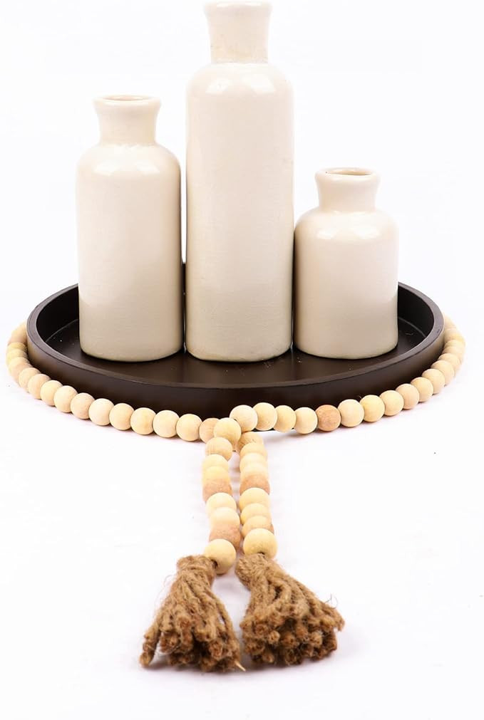 Ceramic Vase Set- 3 with Tray and Wood Bead Garland, Home Decor, Living Room, Kitchen, Farmhouse,... | Amazon (US)