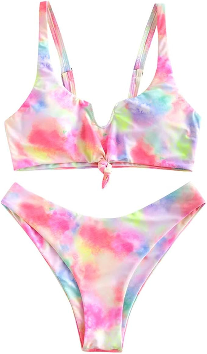 ZAFUL Women's Scoop Neck Knotted Racerback Tropical Two Piece Bikini Set Swimsuit | Amazon (US)