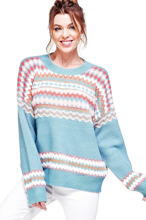 Women's Oversized Fit Soft Touch Long Sleeve Crewneck Fair Isle Chunky Knit Pullover Sweater Jump... | Amazon (US)