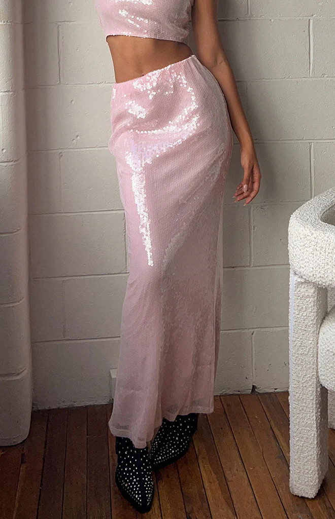 Bellah Pink Sequin Maxi Skirt | Beginning Boutique (US)