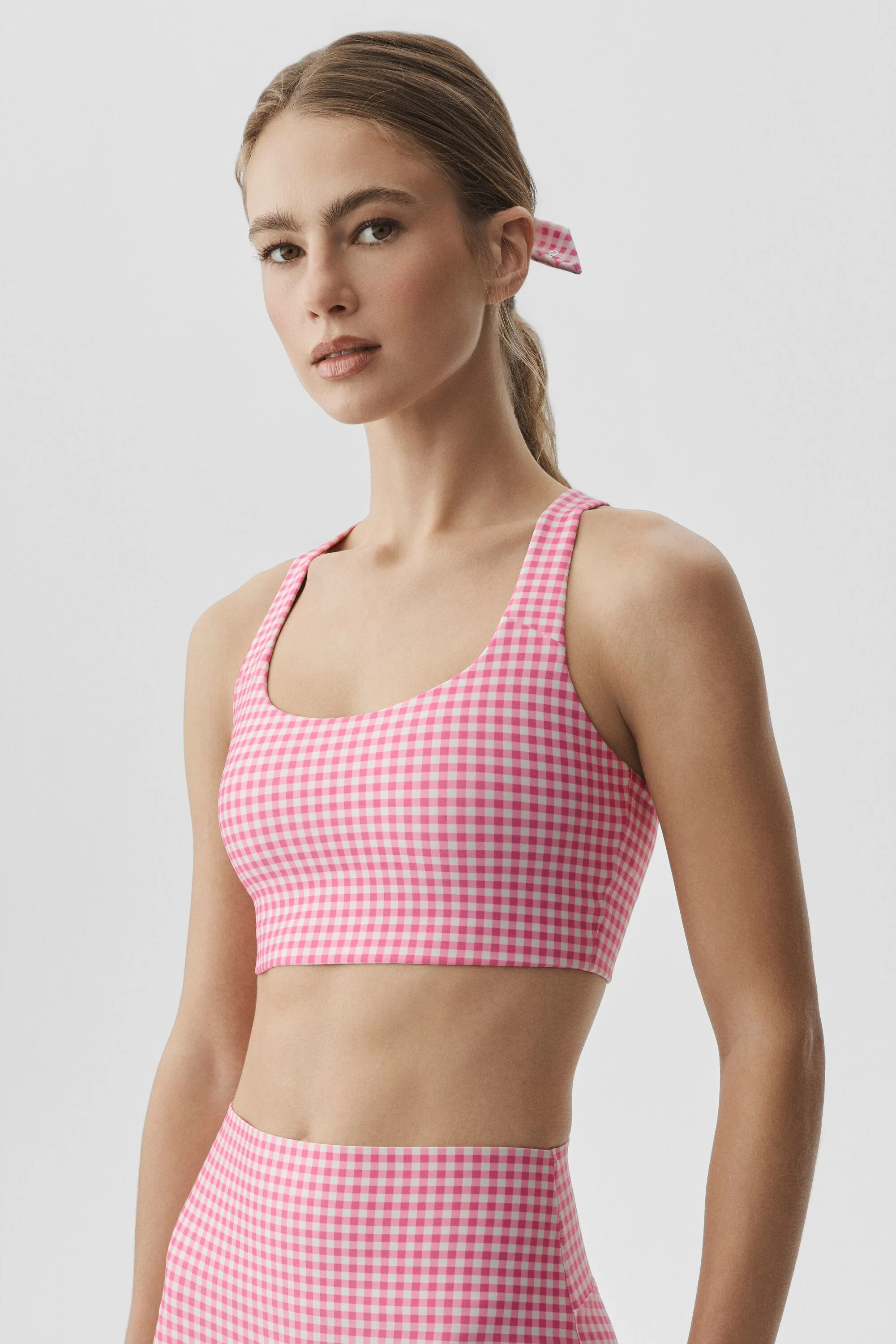 ALO | Airlift Gingham Sleek Bra Tank in Paradise Pink Gingham, Size: Medium | Alo Yoga