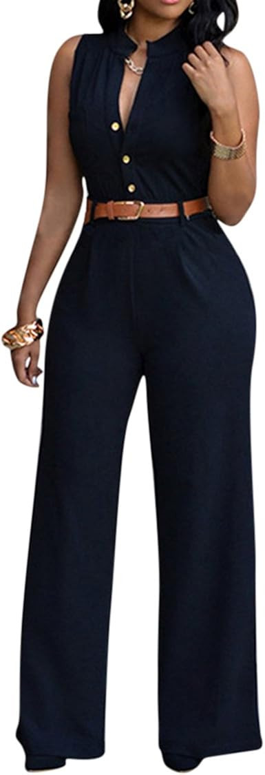 Pink Queen Womens Button Up Printed Long Wide Leg Pant Party Jumpsuits with Belt | Amazon (US)
