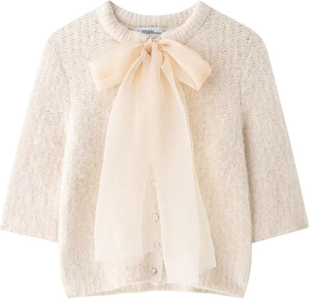Women's Cute Bow Tie Sweater Casual Round Neck Half Sleeve Button Down Cardigan Sweaters | Amazon (US)