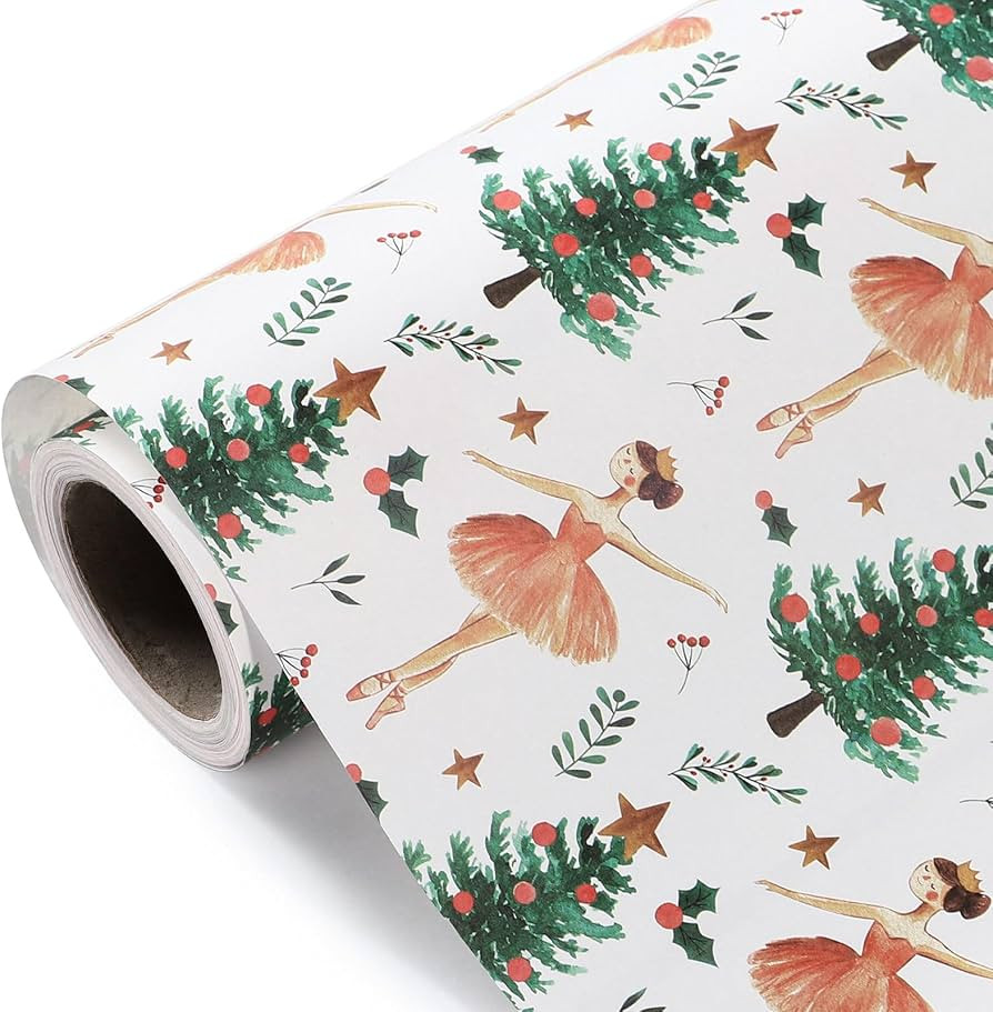WRAPAHOLIC Kraft Christmas Wrapping Paper - Mini Roll - 17 Inch x 33 Feet - Sugar Plum Fairy with... | Amazon (US)