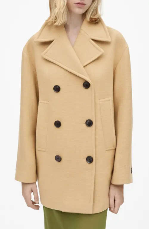 MANGO Double Breasted Virgin Wool Blend Coat in Medium Brown at Nordstrom | Nordstrom