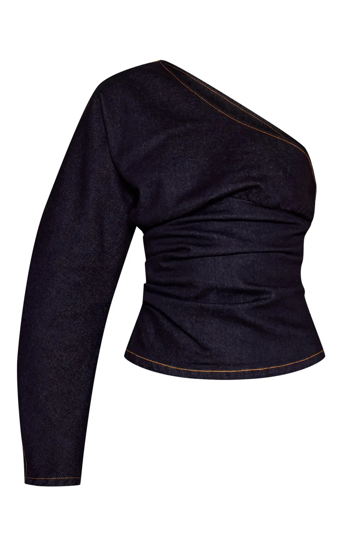 Tops | Raw Indigo Ruched Single Sleeve Denim Top | PrettyLittleThing | PrettyLittleThing US