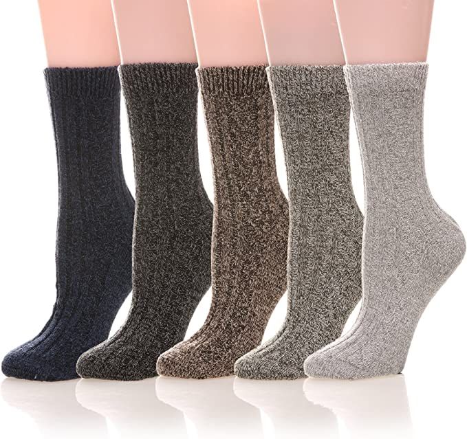 Womens 5 Pairs Soft Thick Comfort Casual Cotton Warm Wool Crew Winter Socks | Amazon (US)