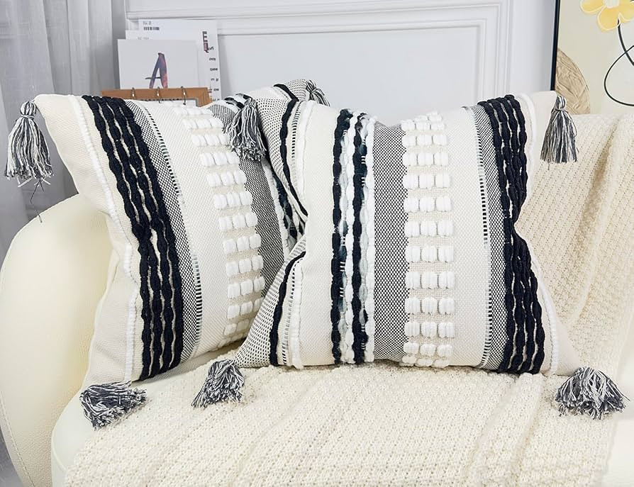 Boho Throw Pillow Covers 16x16 Aesthetic Neutral Boucle Couch Pillow Cover Rainbow Striped Decora... | Amazon (US)